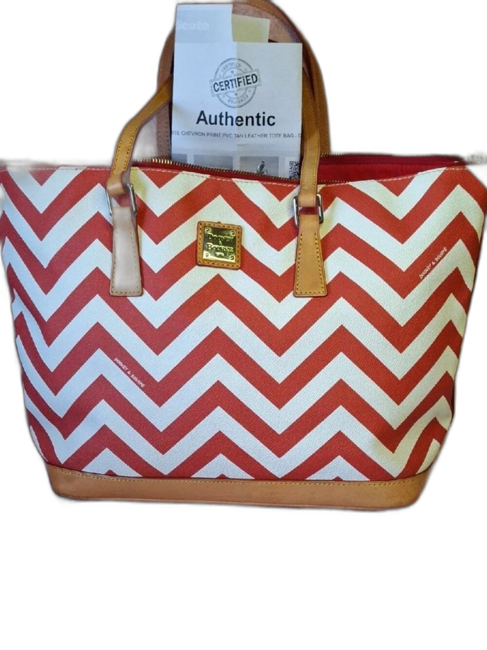 Dooney & Bourke Red and White Chevron Zip XL Satchel Coated Canvas